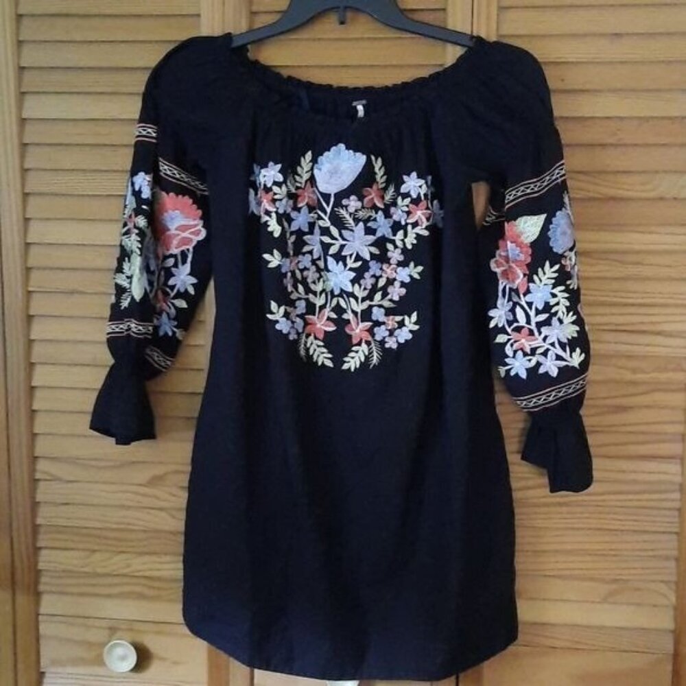 Free People Black Embroidered Asymmetrical Dress with Multicolor Floral Detail